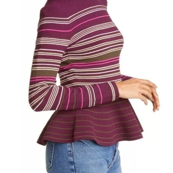 Ted Baker London Leytina Striped Peplum Burgundy Sweater SZ 2 - Picture 3 of 7
